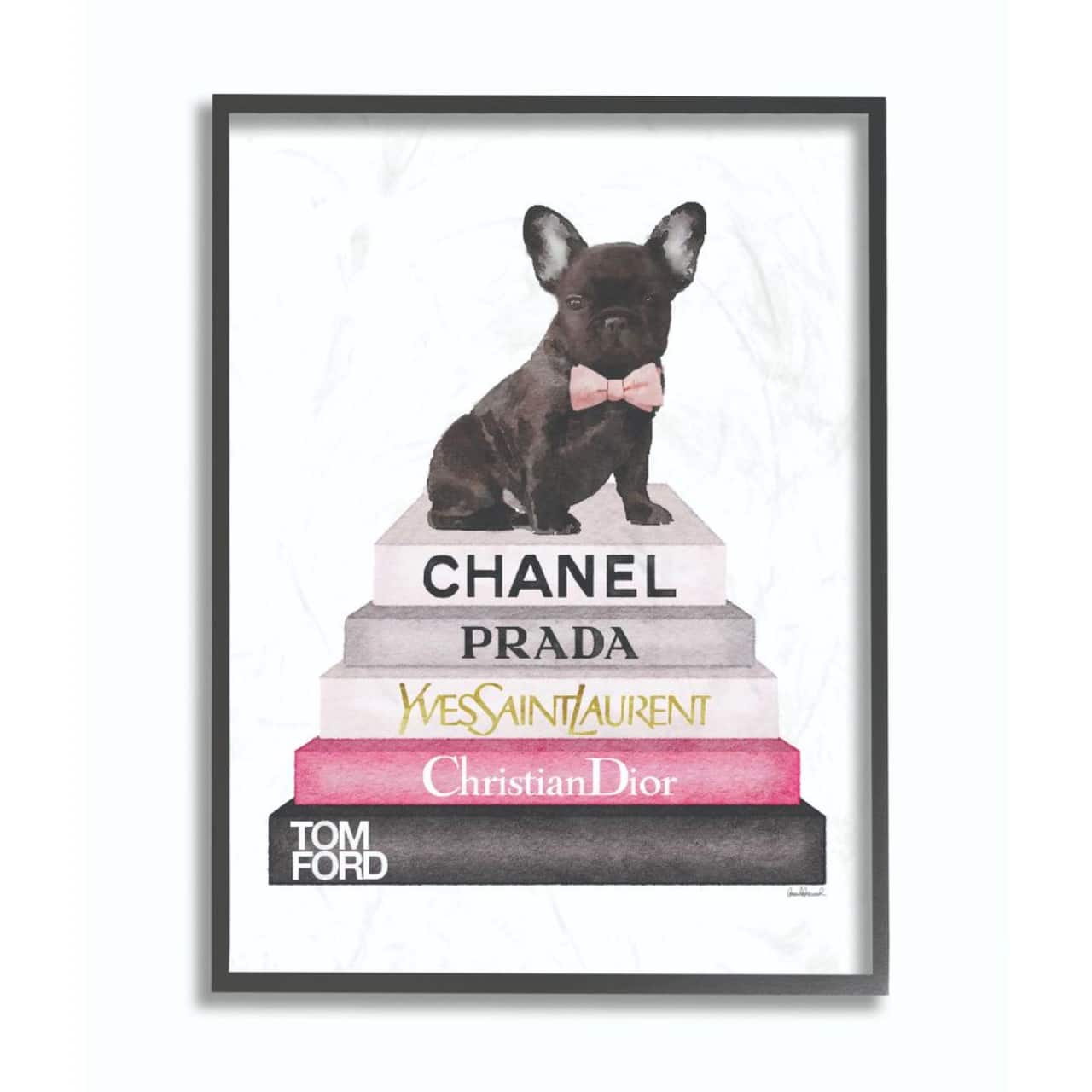 Stupell Industries Fashion Book Stack &#x26; French Bulldog Wall Art in Black Frame